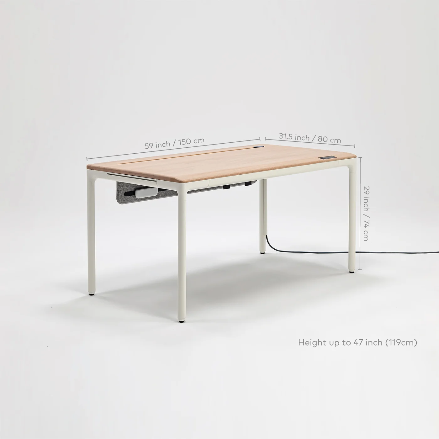 Beflo Tenon Regular smart adjustable desk with dimension callouts