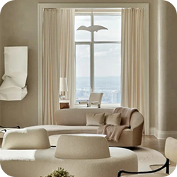 Graywind curtains framing a tall window