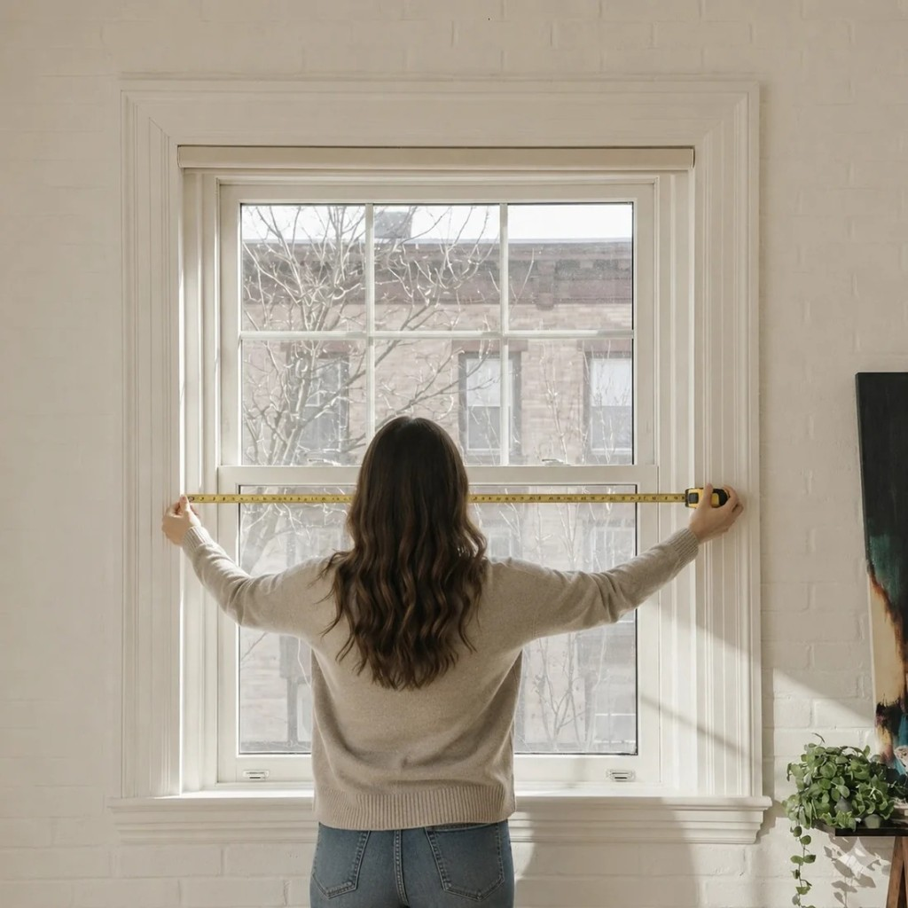 Person measuring a window with a tape measure for Graywind installation
