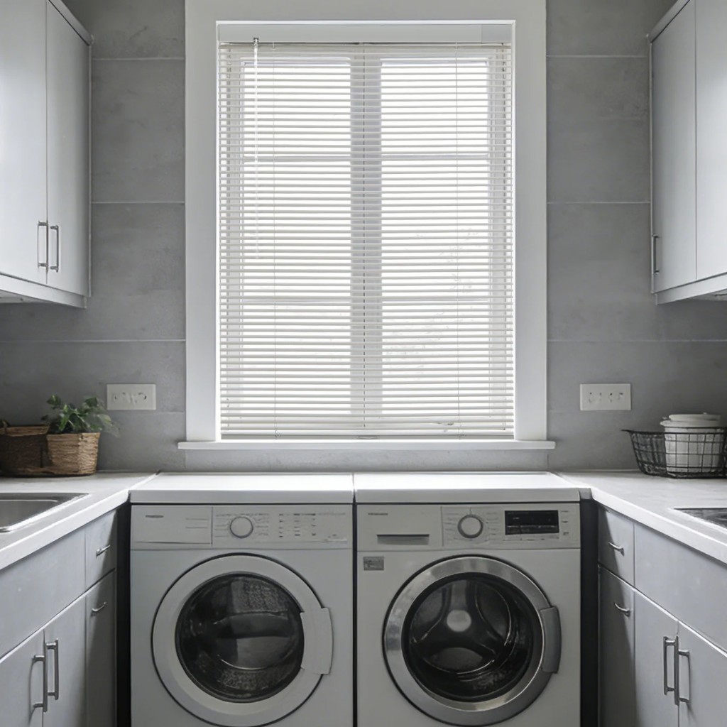 White horizontal Persilux blinds installed above laundry machines