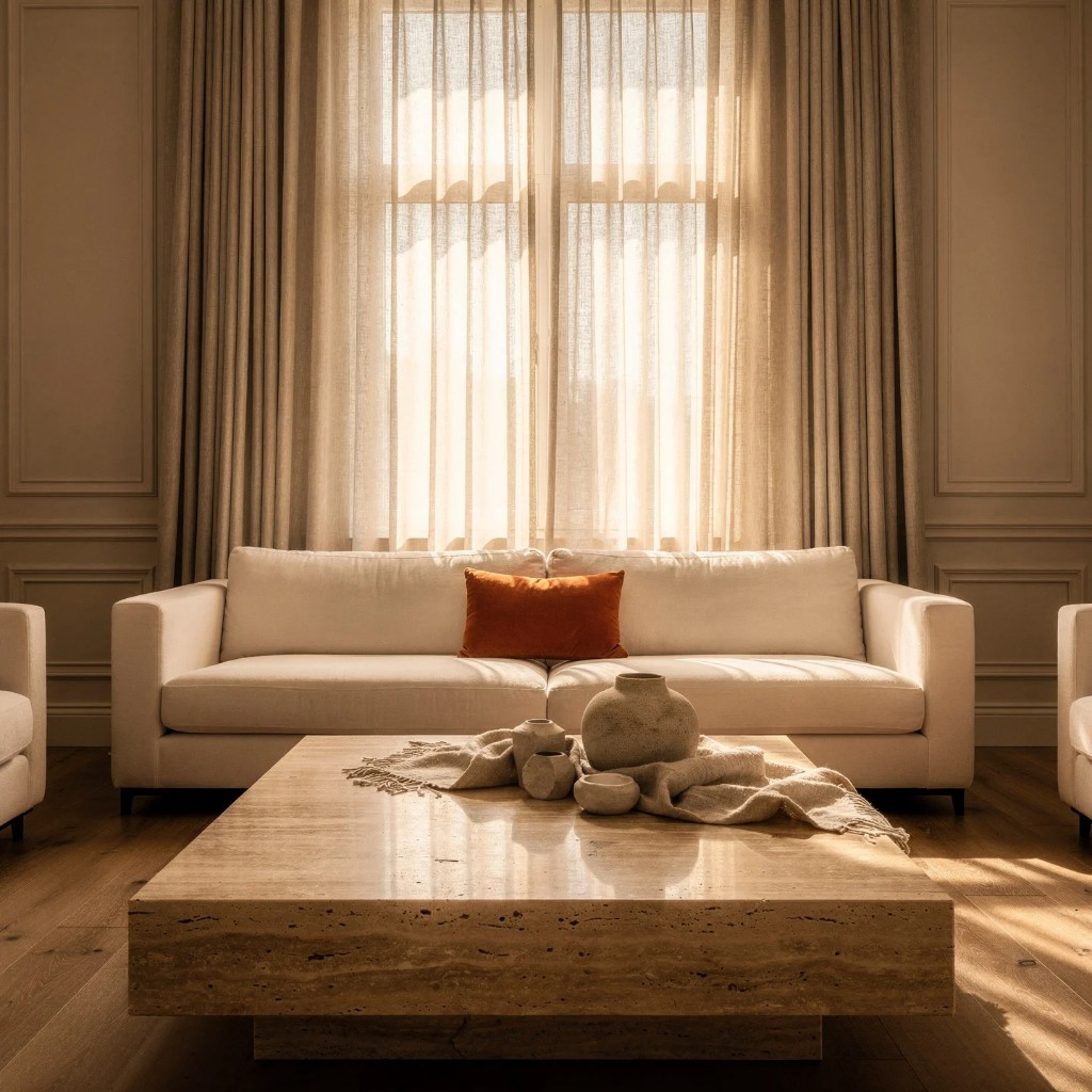 Persilux sheer shades and floor-to-ceiling curtains in a luxury living room