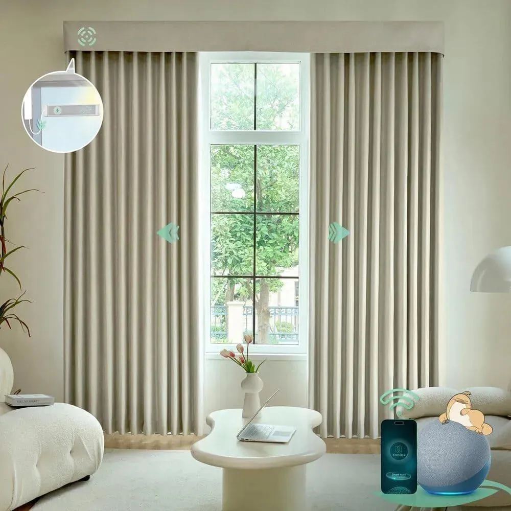 Floor-to-ceiling Yoolax curtains in a bright room